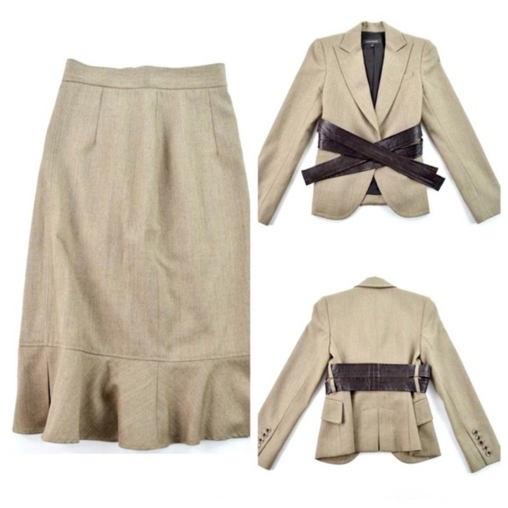 Arthur Mendonca 2 Wool Beige Belted Skirt Suit